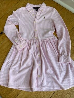 Ralph Lauren Girls Size 6 Pink Stripe Oxford Shirt Dress Cotton Pony Logo